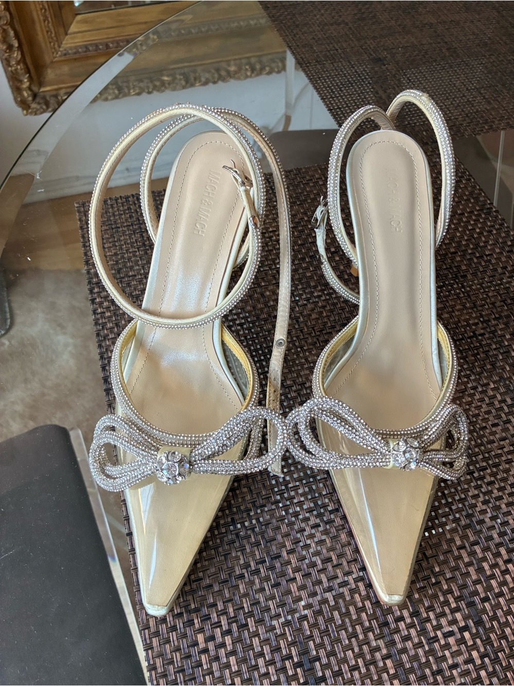 Mach & Mach Elegant Rhinestone Slingback Heels in clear and white satin 38